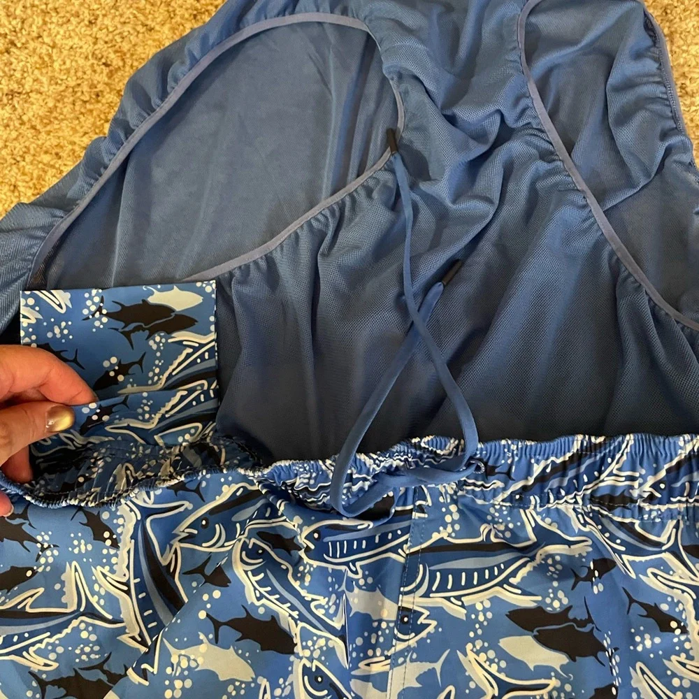 Vineyard Vines Chappy Swim Trunks 3XB Blue Fishing Print 7” NWT